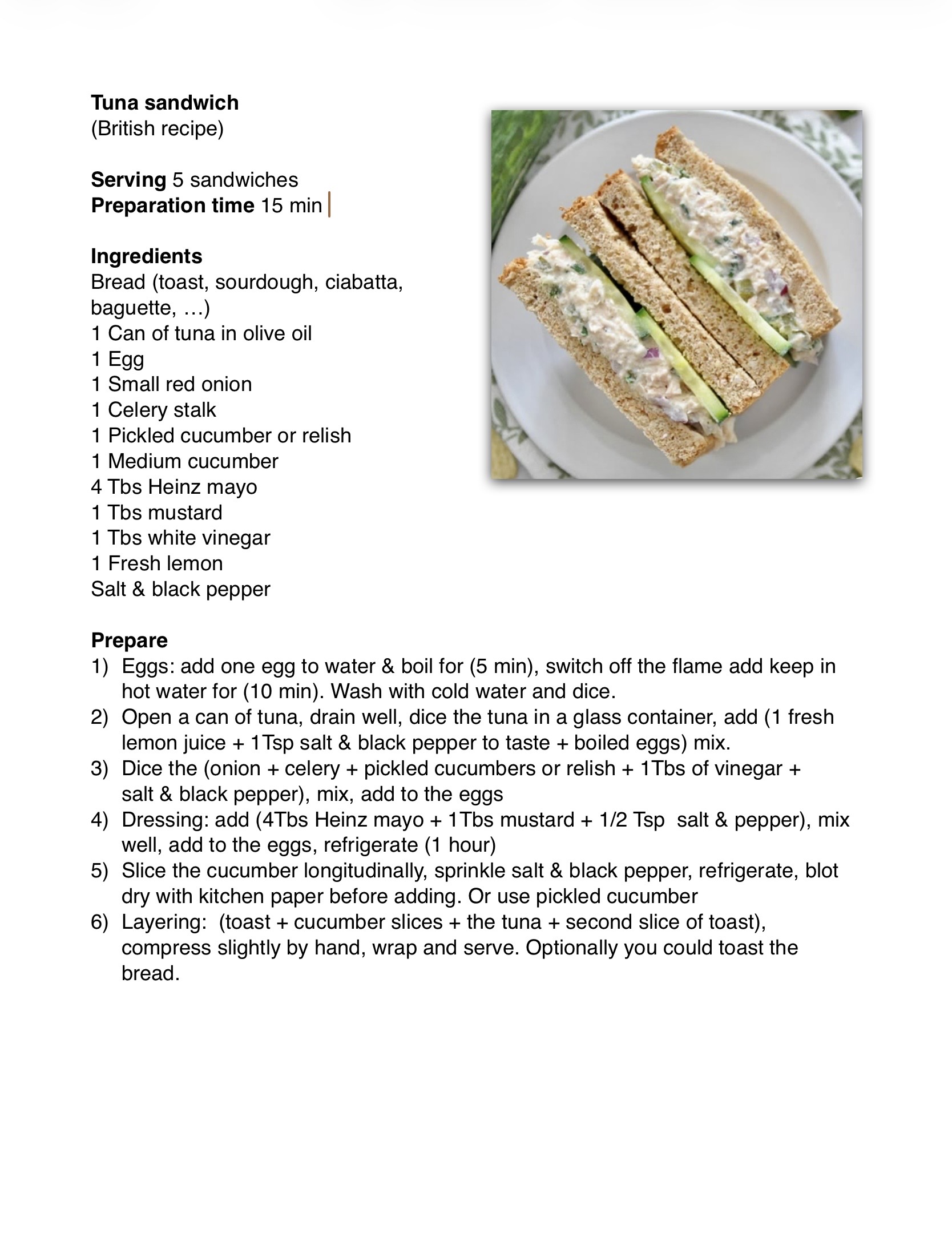 Recipe for Tuna sandwich  - Dr. Cook